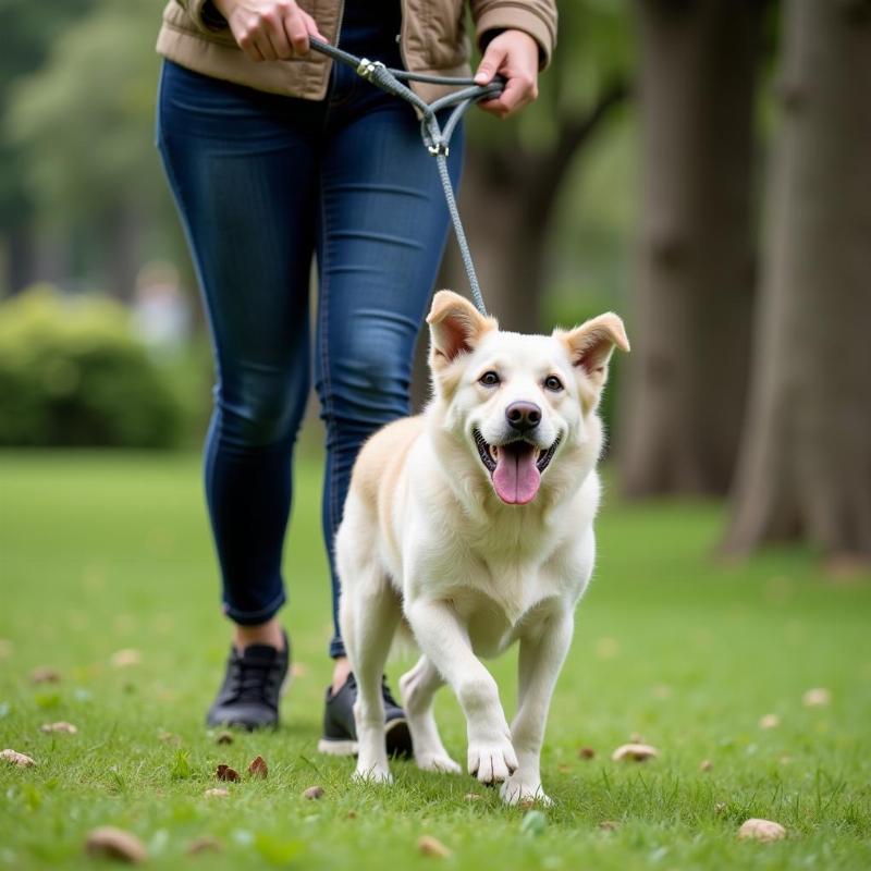 A dog safely on a leash in a public park.