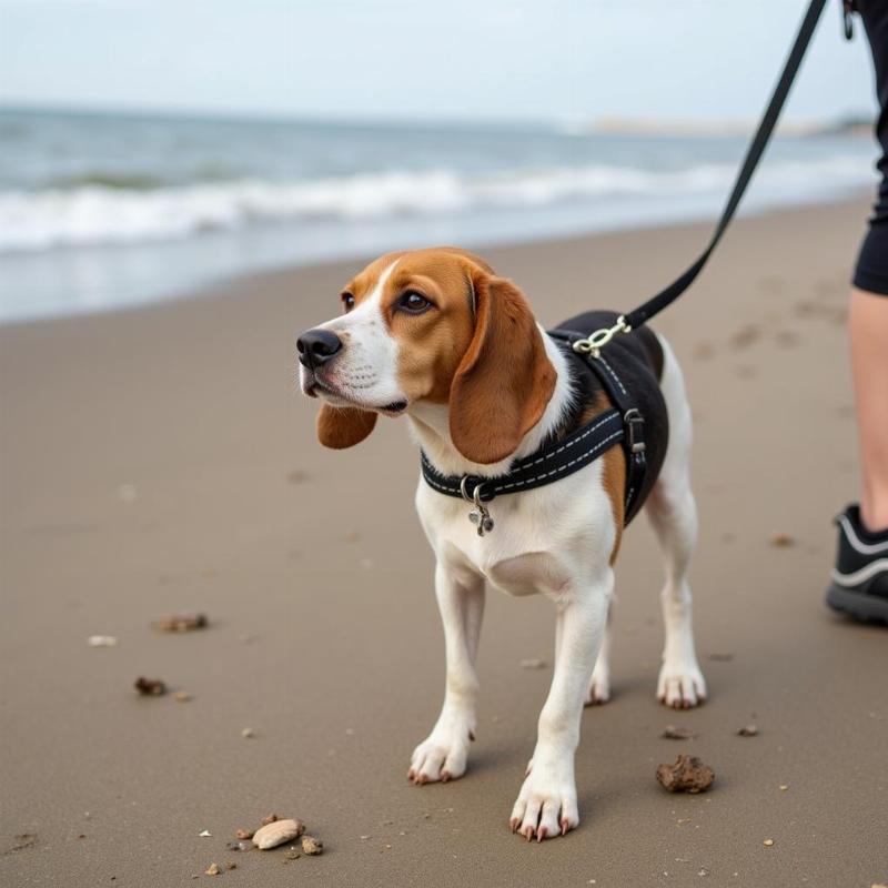 A dog on a leash at a North Carolina Beach