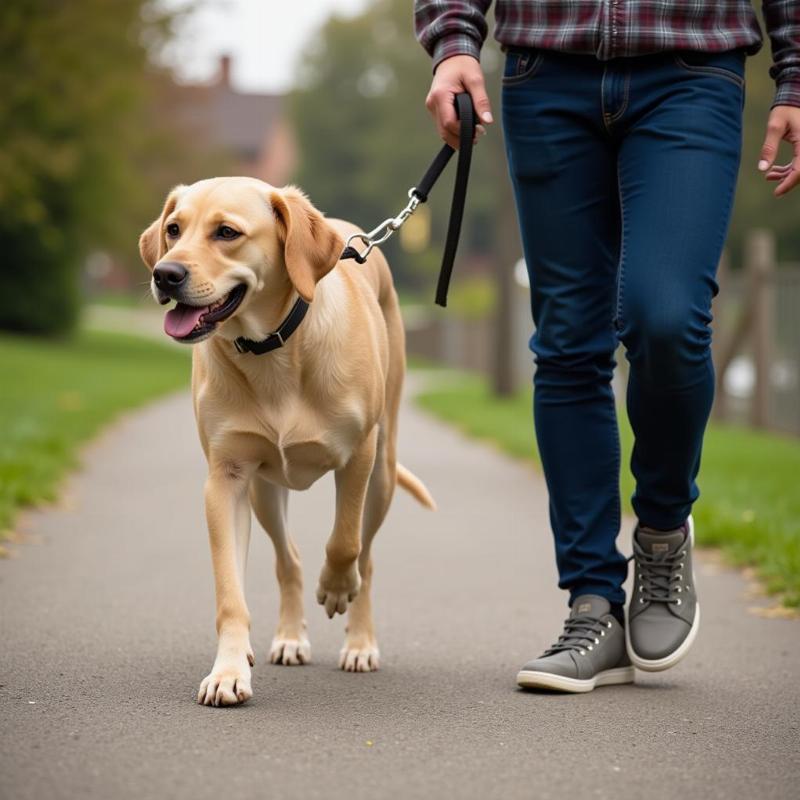 Dog on leash walking safely