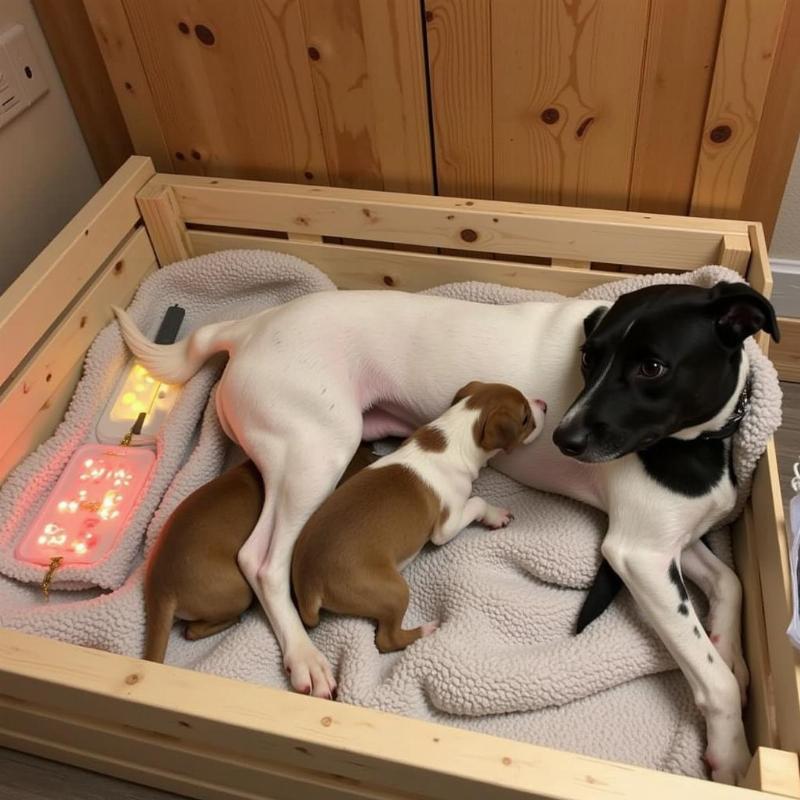 A dog owner prepares a comfortable whelping box filled with soft blankets and heating pads, anticipating the arrival of puppies.