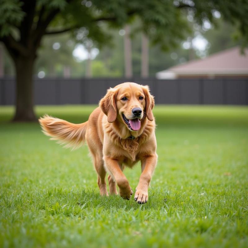 Dog playing fetch in a sunny dog park in The Villages, Florida