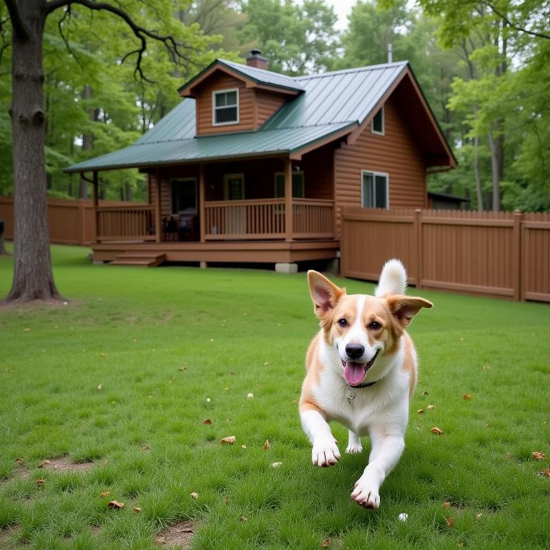 A dog playing fetch in the fenced yard of a dog-friendly North Carolina cabin.