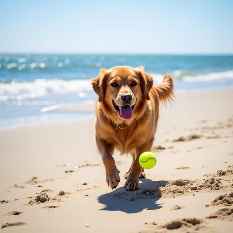 A happy dog playing fetch on a Falmouth beach