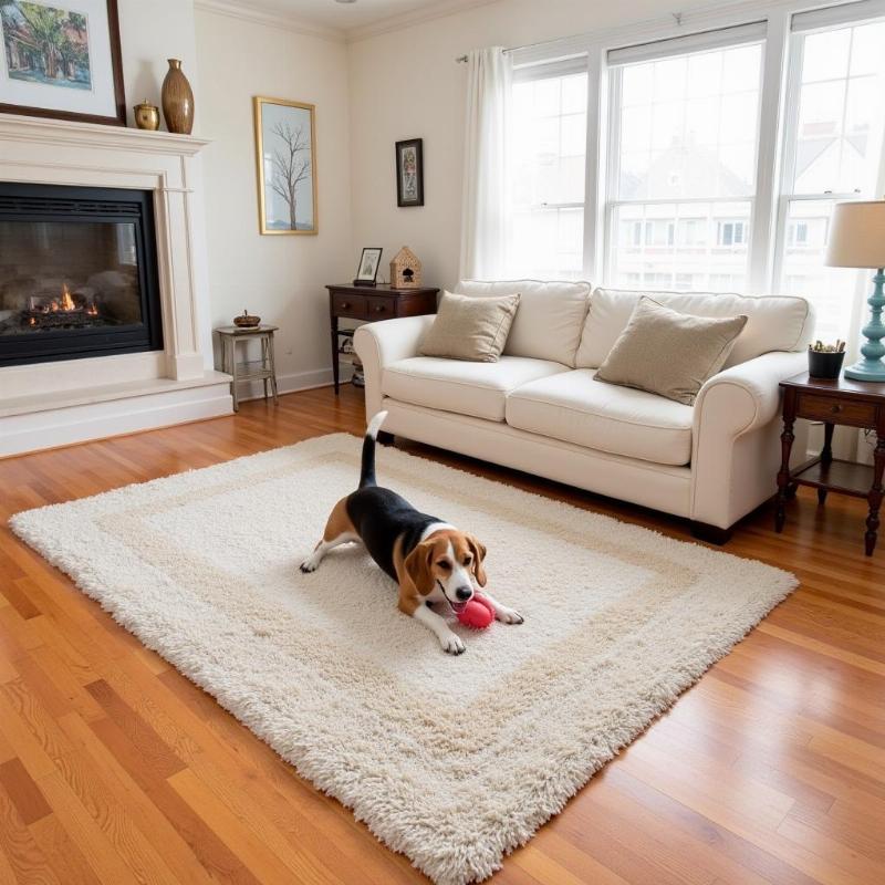 Dog Playing on Rug on Hardwood Floor