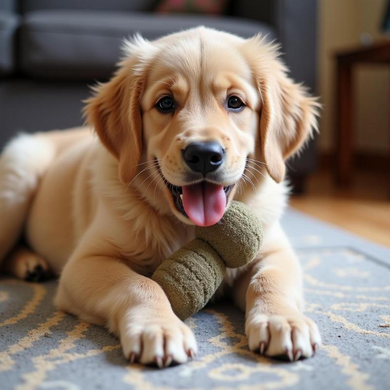 Dog playing with a chew toy