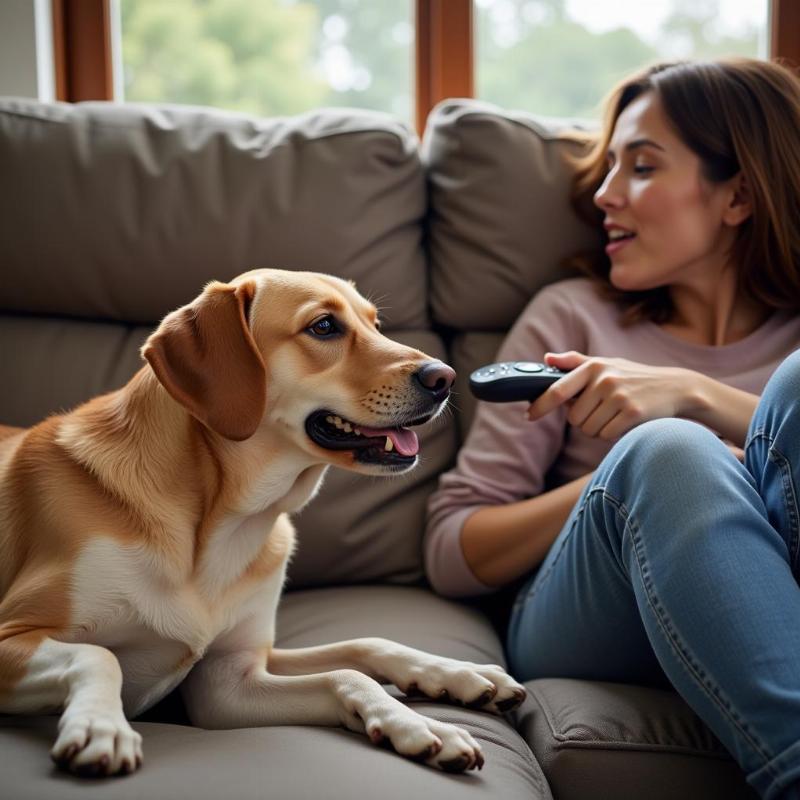 Dog showing resource guarding behavior towards female owner