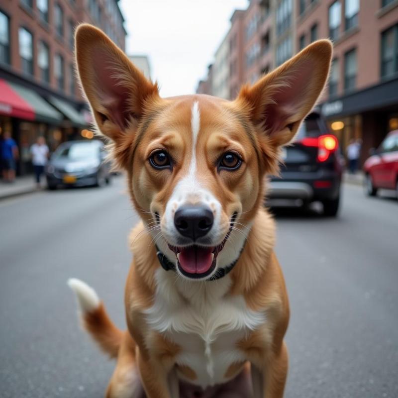 Dog with raised hackles due to fear