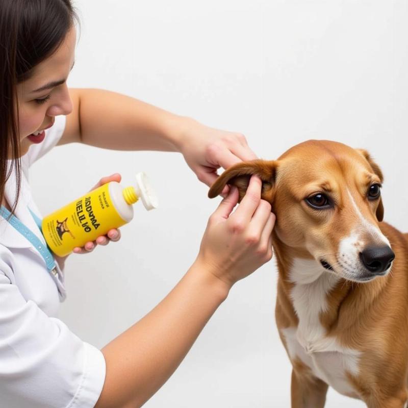 A dog owner cleaning their dog's ears at home.