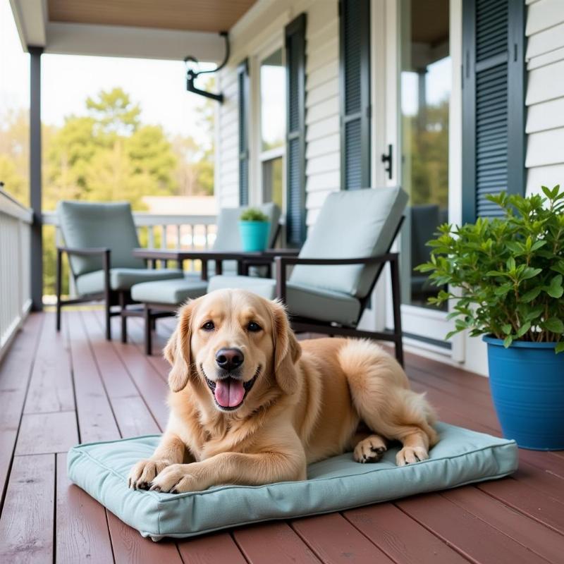 Dog relaxing on the patio of a dog-friendly rental