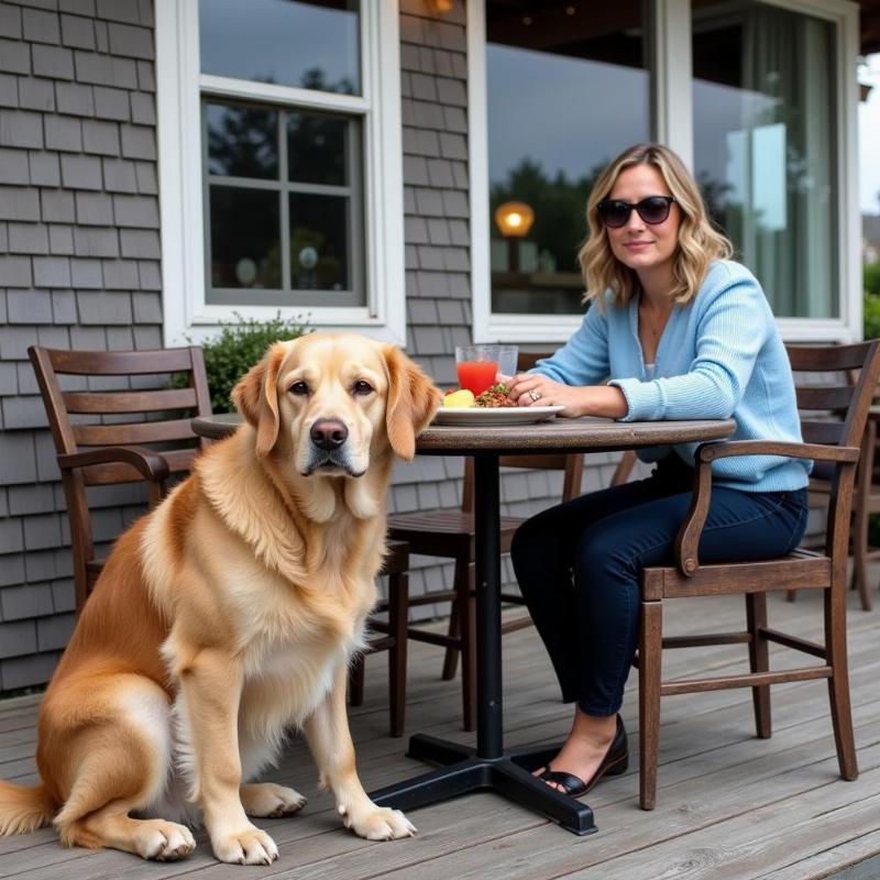 A dog sitting patiently outside a Cape Cod restaurant with its owner.