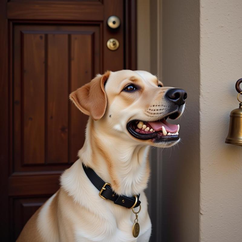 Dog sitting patiently by a door with a bell