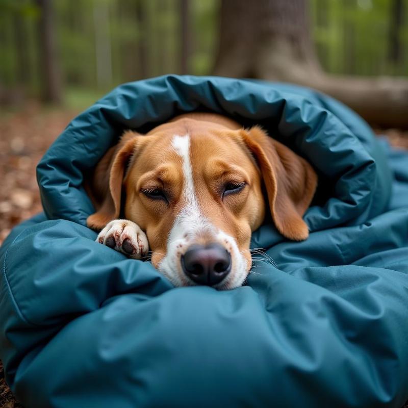 A dog comfortably sleeping in the Big Agnes Lost Dog sleeping bag