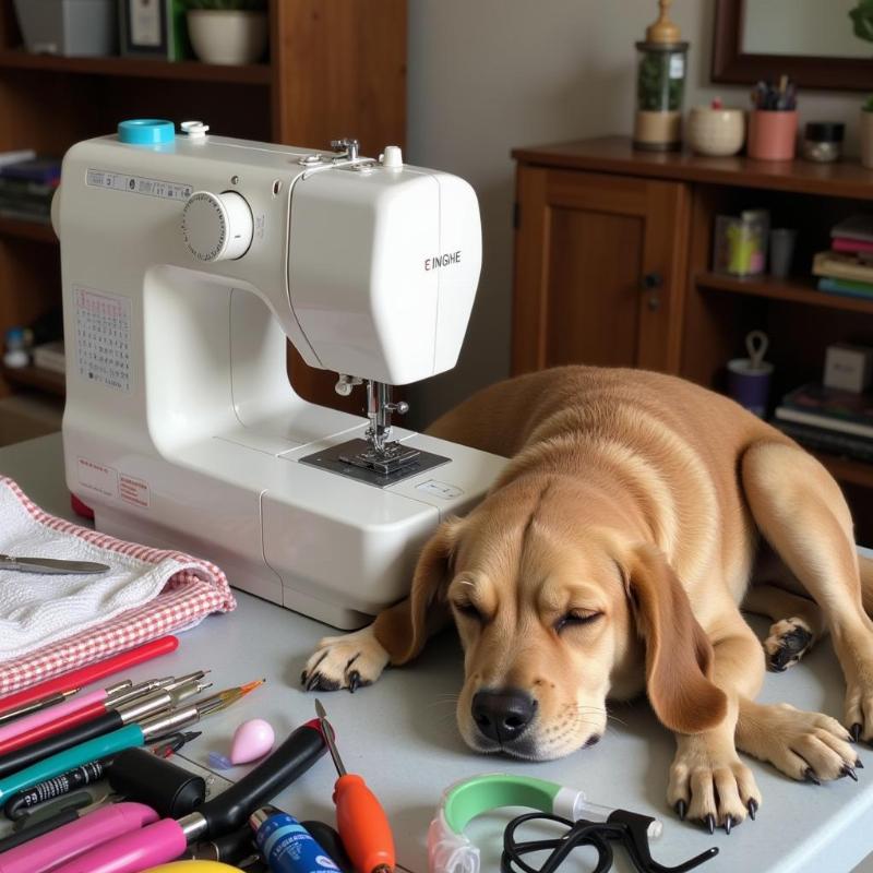 Dog sleeping next to a sewing machine