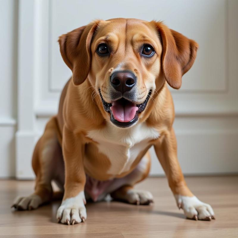 A dog straining to defecate, a common sign of constipation.