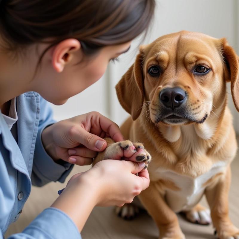 Examining a dog's swollen paw