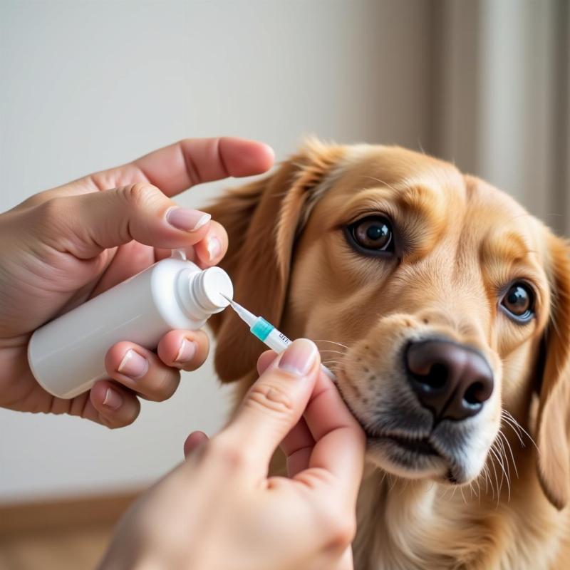 Dog taking liquid medicine