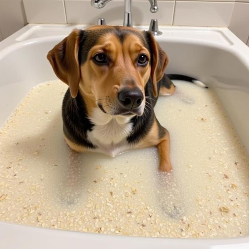 Dog taking an oatmeal bath for dry skin