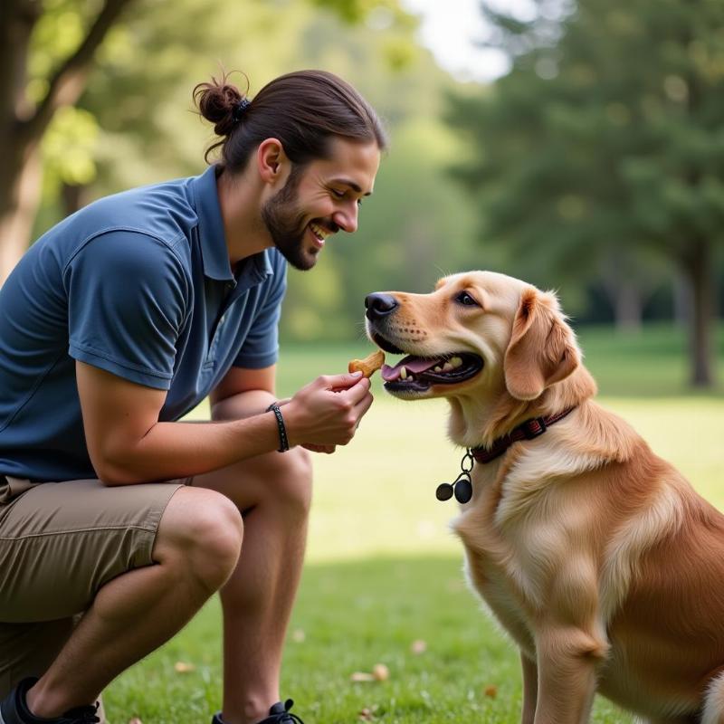 Dog trainer using positive reinforcement