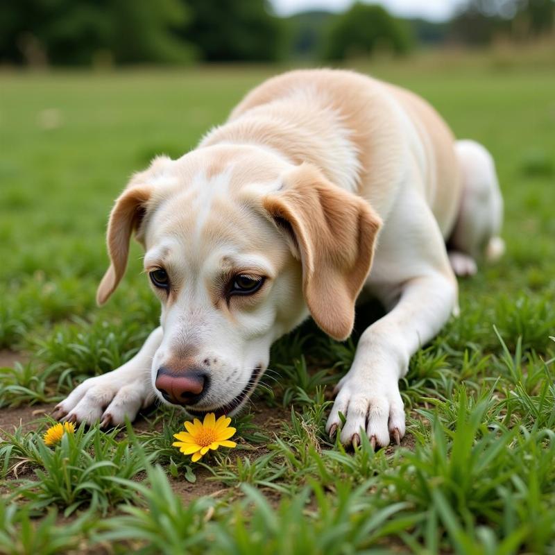 Dog vomiting on grass