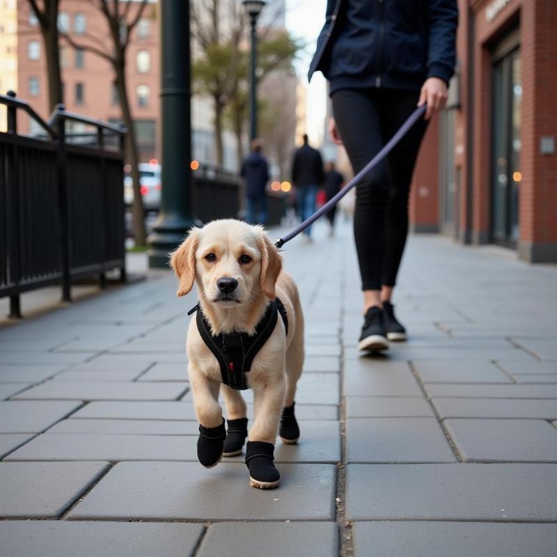 Dog walking on a busy city street