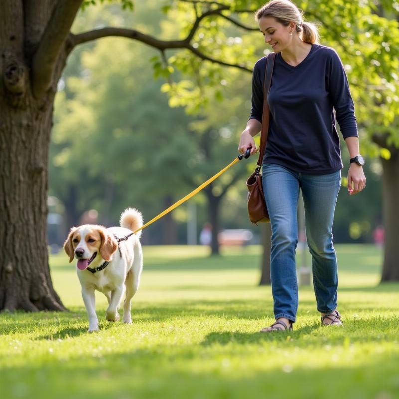 Dog Walking in a Park with a Retractable Leash