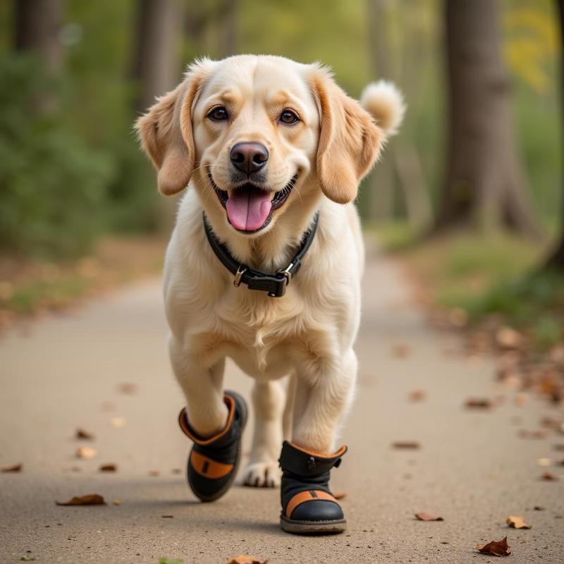 Dog Wearing Boots Happily Walking