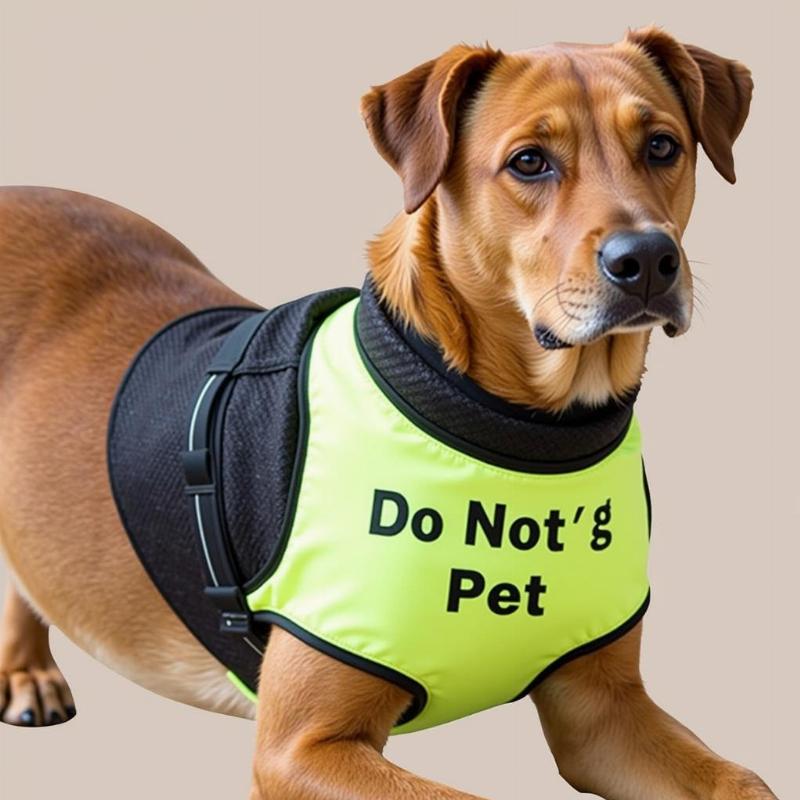 A dog wearing a vest that says "Do Not Pet".