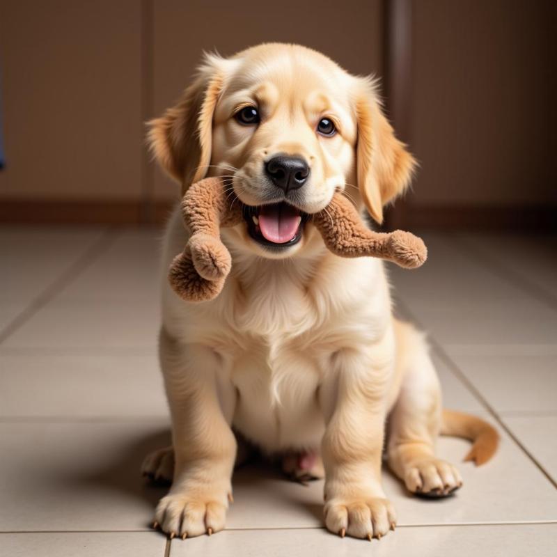 Dog whining with toy in mouth - excitement