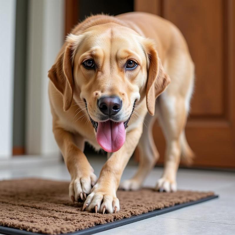 Dog Wiping Paws on Mat