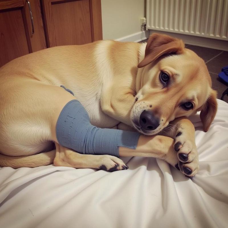 Dog Resting Comfortably with a Bandage