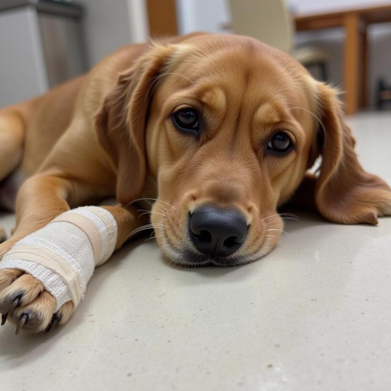 Dog with a bandaged paw resting