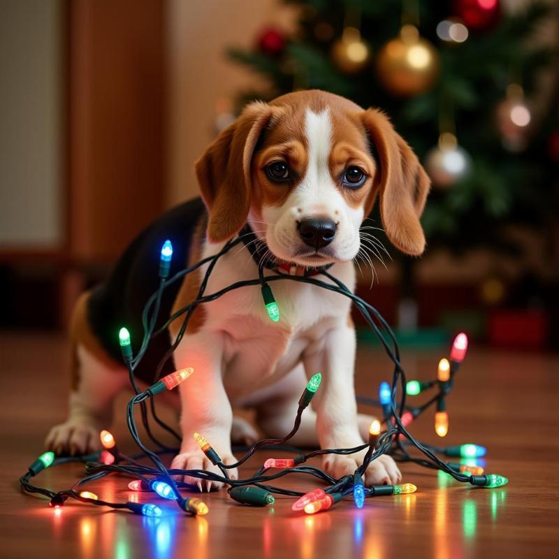 A playful dog tangled in Christmas lights