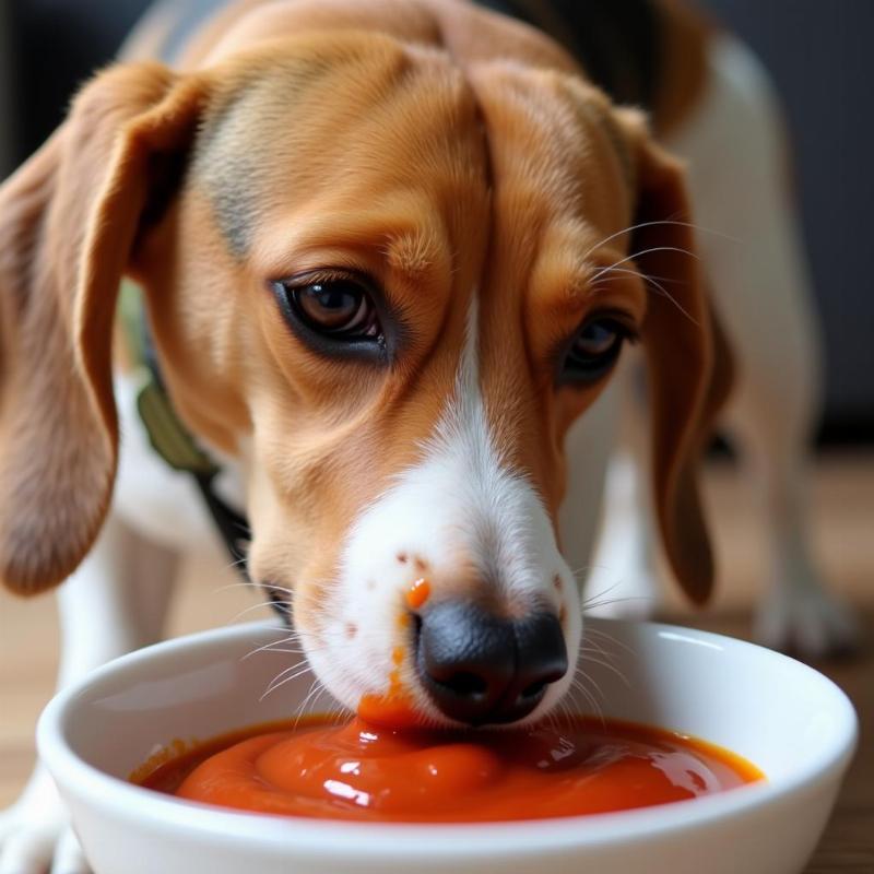 Dog with dog-friendly sauce