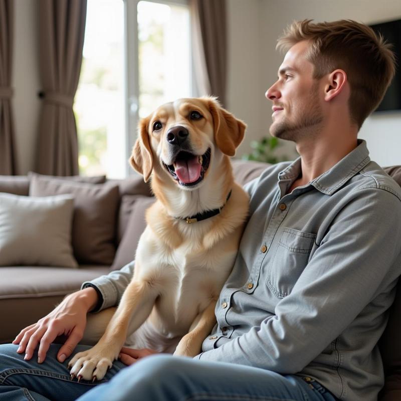 A dog sitting next to its owner