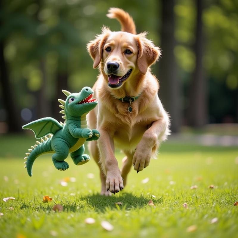 Dog Playing Fetch with Dragon Toy