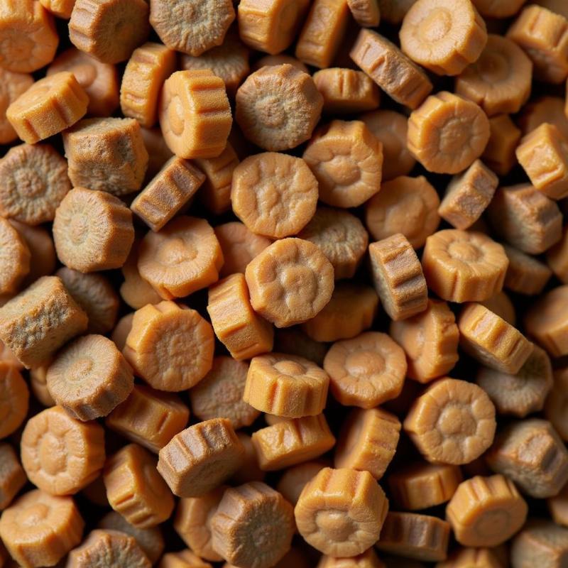 Close-up view of Eukanuba adult medium breed dry dog food kibble, highlighting the different ingredients.