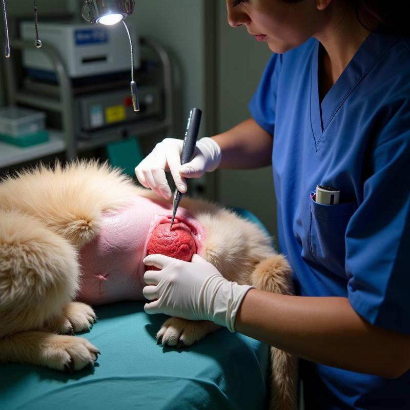 Exploratory surgery on a dog's abdomen