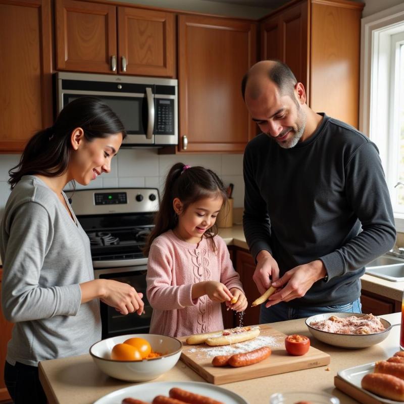 Family Making Homemade Halal Hot Dogs in their Kitchen