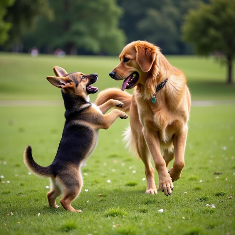 A female and male dog playing together