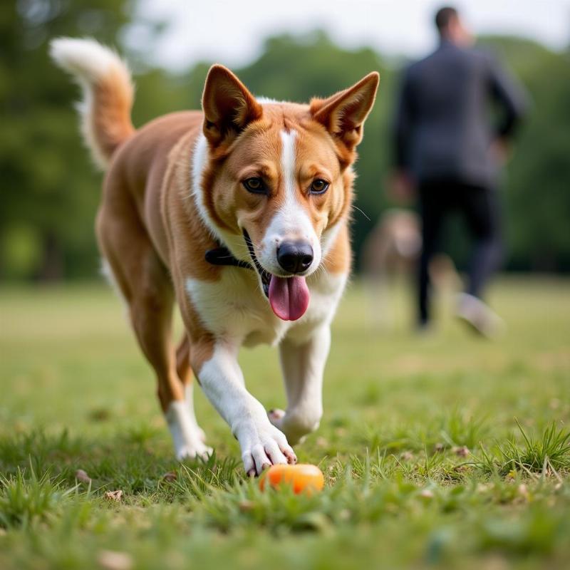 A butcher's dog exercising with its owner