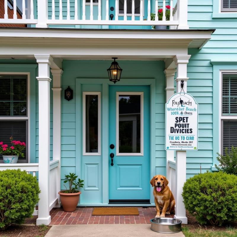 Dog-friendly hotel exterior with a welcoming sign and a dog bowl near the entrance, Folly Beach, South Carolina