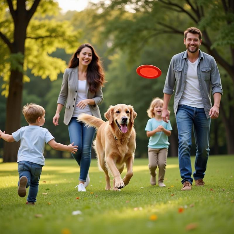 Family playing with their dog