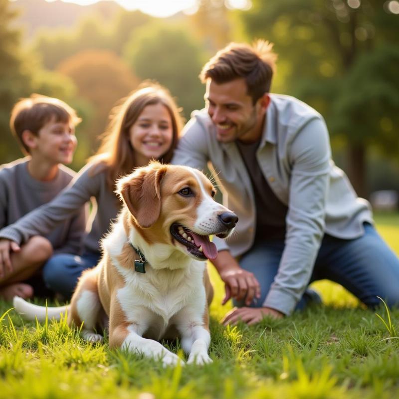 Happy family with adopted dog