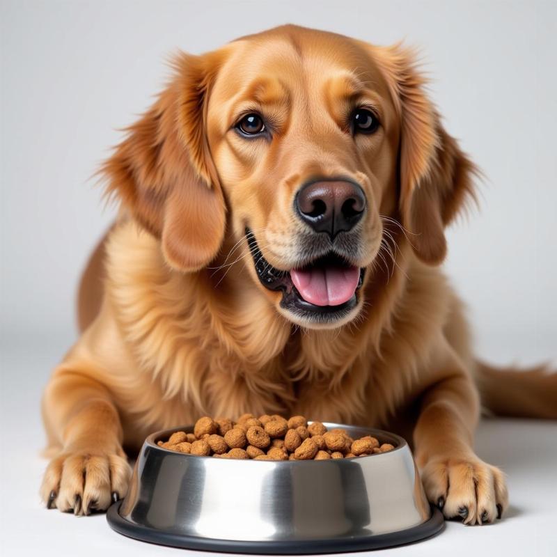 Golden Retriever eating dog food from a bowl