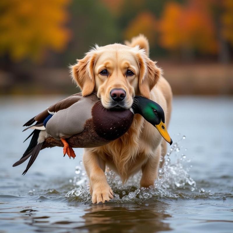 Golden Retriever retrieving a duck from the water