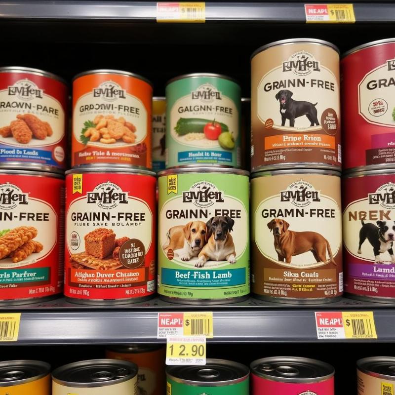 Different types of grain-free canned dog food available on the US market