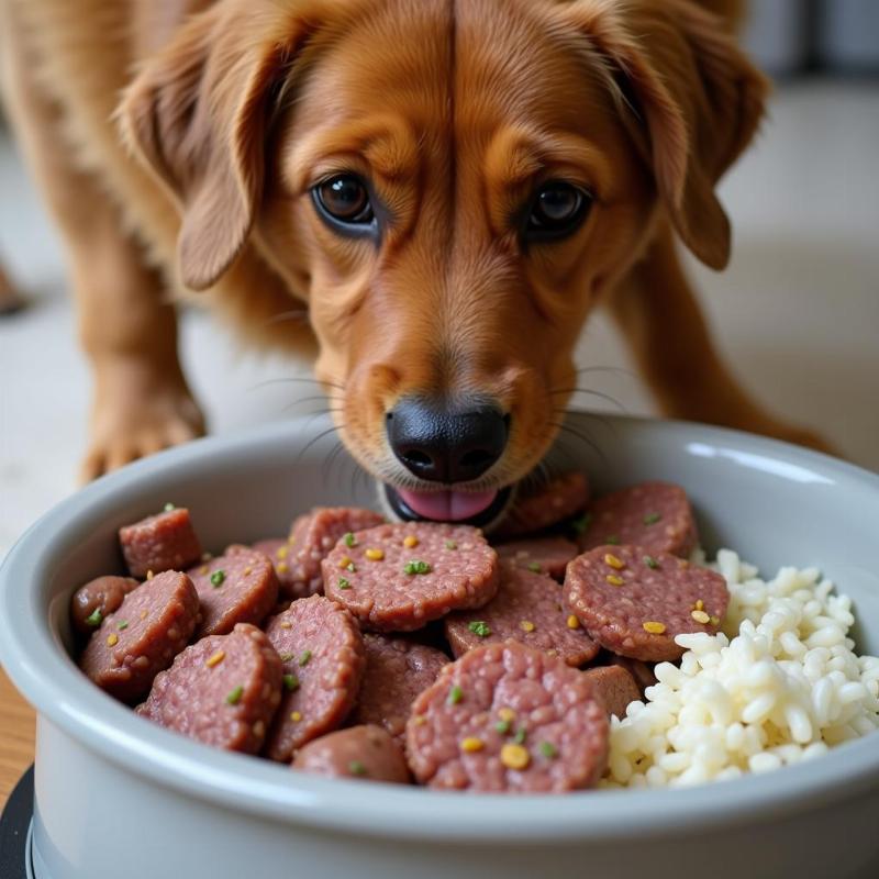 Dog enjoying hamburger and rice