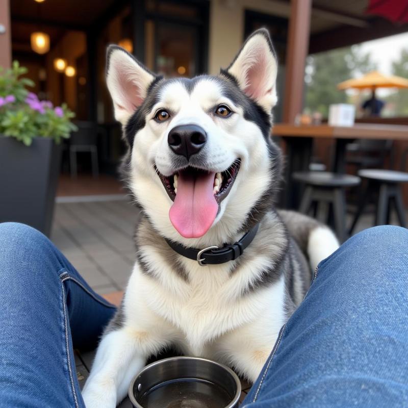 A happy dog at a dog-friendly restaurant in Olympia.