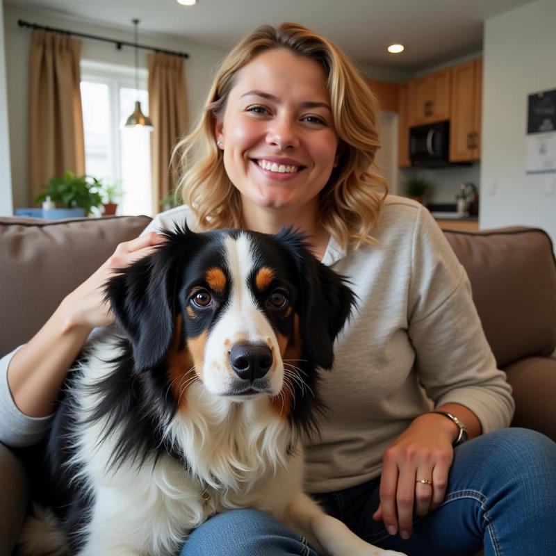 Happy tenant with their service dog in their apartment