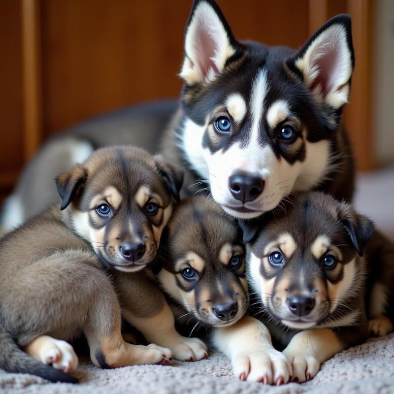 Litter of healthy Tamaskan puppies with their mother